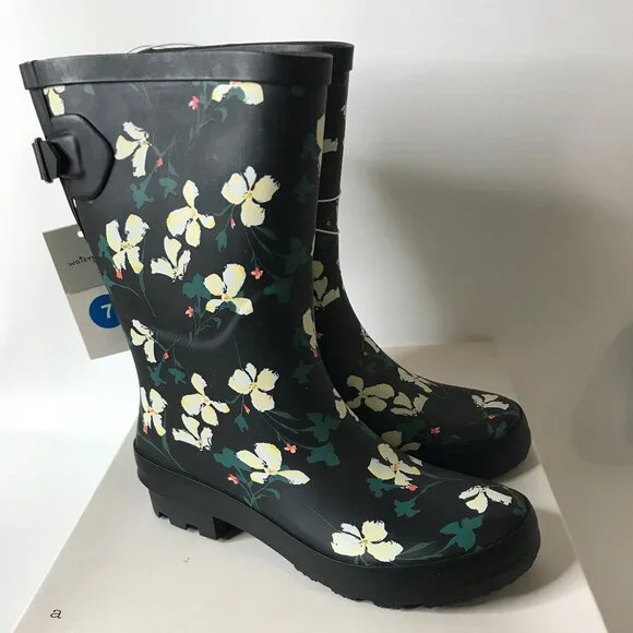 New Black Floral Vicki Mid Calf Waterproof Rain Boots ~ A New Day Size 7 - Picture 1 of 11
